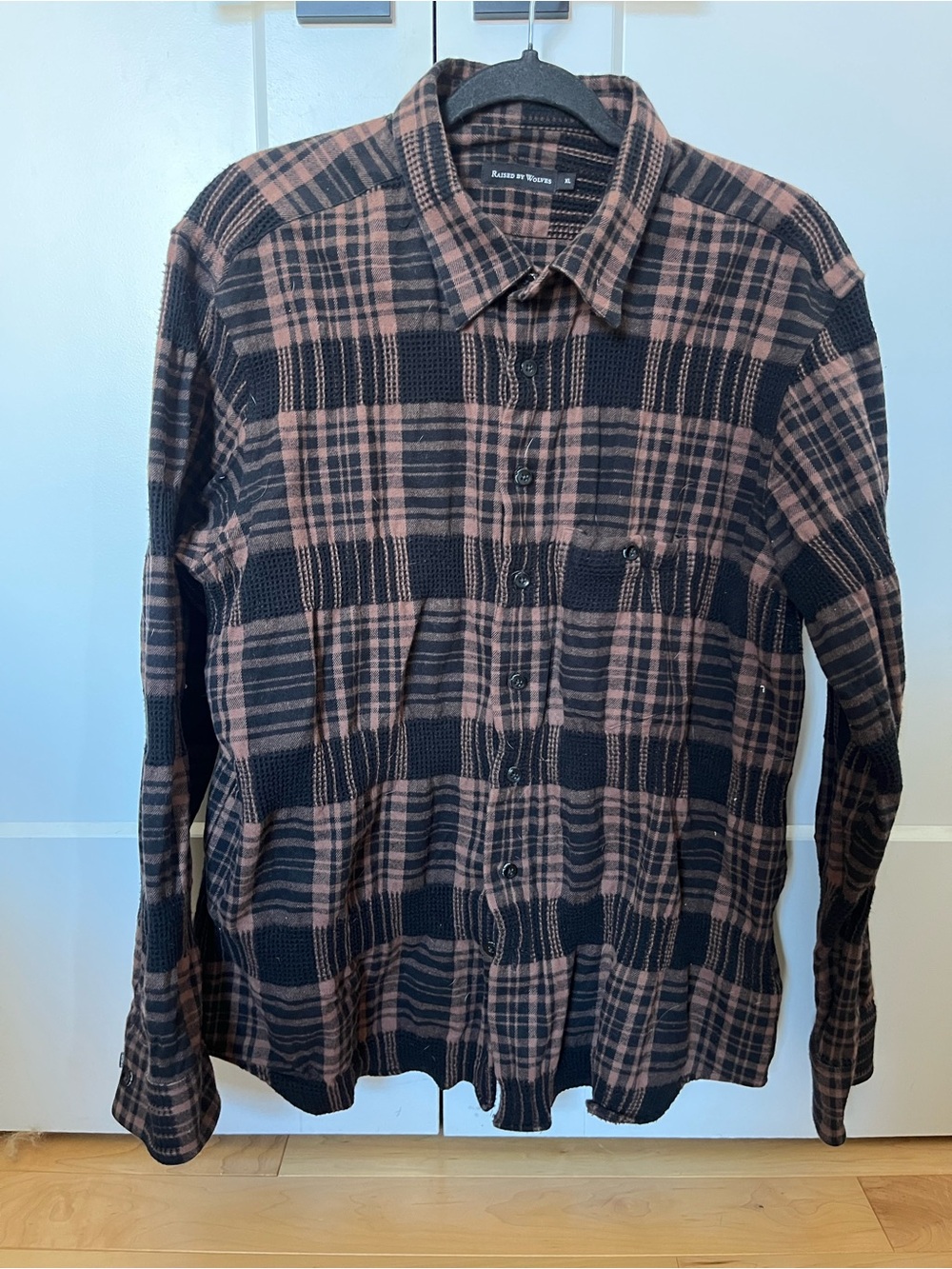 Raised By Wolves Men's Black and Brown Plaid Button-Down with waffle detail